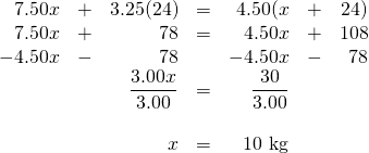 \begin{array}{rrrrrrr} 7.50x&+&3.25(24)&=&4.50(x&+&24) \\ 7.50x&+&78&=&4.50x&+&108 \\ -4.50x&-&78&&-4.50x&-&78 \\ \midrule &&\dfrac{3.00x}{3.00}&=&\dfrac{30}{3.00}&& \\ \\ &&x&=&10 \text{ kg}&& \end{array}