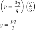 \begin{array}{l} \\ \\ \\ \left(p=\dfrac{3y}{q}\right)\left(\dfrac{q}{3}\right) \\ \\ y=\dfrac{pq}{3} \end{array}