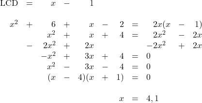 \begin{array}{rrrrrrrrllr} \\ \\ \\ \\ \\ \\ \\ \\ \\ \text{LCD}&=&x&-&1&&&&&& \\ \\ x^2&+&6&+&x&-&2&=&\phantom{-}2x(x&-&1) \\ &&x^2&+&x&+&4&=&\phantom{-}2x^2&-&2x \\ &-&2x^2&+&2x&&&&-2x^2&+&2x \\ \midrule &&-x^2&+&3x&+&4&=&0&& \\ &&x^2&-&3x&-&4&=&0&& \\ &&(x&-&4)(x&+&1)&=&0&& \\ \\ &&&&&&x&=&4, 1&& \\ \end{array}