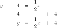 \begin{array}{rrrrrrr} y&-&4&=&\dfrac{1}{2}x&& \\ &+&4&&&+&4 \\ \midrule &&y&=&\dfrac{1}{2}x&+&4 \end{array}