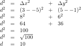 \begin{array}{lllll} \\ \\ \\ \\ \\ \\ d^2&=&\Delta x^2&+&\Delta y^2 \\ d^2&=&(3--5)^2&+&(5--1)^2 \\ d^2&=&8^2&+&6^2 \\ d^2&=&64&+&36 \\ d^2&=&100&& \\ d^2&=&\sqrt{100}&& \\ d&=&10&& \end{array}