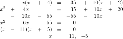 \begin{array}{rrcrrrrrcrr} &&x(x&+&4)&=&35&+&10(x&+&2) \\ x^2&+&4x&&&=&35&+&10x&+&20 \\ &-&10x&-&55&&-55&-&10x&& \\ \midrule x^2&-&6x&-&55&=&0&&&& \\ (x&-&11)(x&+&5)&=&0&&&& \\ &&&&x&=&11,&-5&&& \end{array}