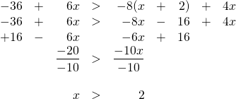 \begin{array}{rrrrrrrrr} \\ \\ \\ \\ \\ -36&+&6x&>&-8(x&+&2)&+&4x \\ -36&+&6x&>&-8x&-&16&+&4x \\ +16&-&6x&&-6x&+&16&& \\ \midrule &&\dfrac{-20}{-10}&>&\dfrac{-10x}{-10}&&&& \\ \\ &&x&>&2&&&& \\ \end{array}