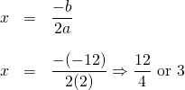\begin{array}{rll} x&=&\dfrac{-b}{2a} \\ \\ x&=& \dfrac{-(-12)}{2(2)}\Rightarrow \dfrac{12}{4}\text{ or }3 \end{array}