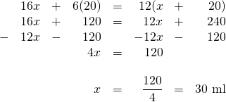 \begin{array}{rrrrrrrr} &16x&+&6(20)&=&12(x&+&20) \\ &16x&+&120&=&12x&+&240 \\ -&12x&-&120&&-12x&-&120 \\ \midrule &&&4x&=&120&& \\ \\ &&&x&=&\dfrac{120}{4}&=&30\text{ ml} \\ \end{array}