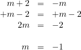 \begin{array}{rrl} \\ \\ \\ \\ m+2&=&-m \\ +m-2&=&+m-2 \\ \midrule 2m&=&-2 \\ \\ m&=&-1 \end{array}