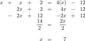 \begin{array}{rrrrrrrrr} x&+&x&+&2&=&4(x)&-&12 \\ &&2x&+&2&=&4x&-&12 \\ &-&2x&+&12&&-2x&+&12 \\ \midrule &&&&\dfrac{14}{2}&=&\dfrac{2x}{2}&& \\ \\ &&&&x&=&7&& \end{array}