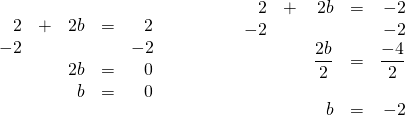 \begin{array}{ll} \begin{array}{rrrrr} 2&+&2b&=&2 \\ -2&&&&-2 \\ \midrule &&2b&=&0 \\ &&b&=&0 \end{array} & \hspace{0.5in} \begin{array}{rrrrr} 2&+&2b&=&-2 \\ -2&&&&-2 \\ \midrule &&\dfrac{2b}{2}&=&\dfrac{-4}{2} \\ \\ &&b&=&-2 \end{array} \end{array}