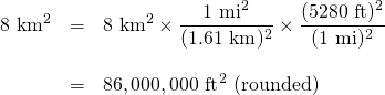 \begin{array}{rrl} \\ \\ 8\text{ km}^2&=&8\cancel{\text{ km}^2}\times \dfrac{1\cancel{\text{ mi}^2}}{(1.61\text{ \cancel{km}})^2}\times \dfrac{(5280 \text{ ft})^2}{(1\text{ \cancel{mi}})^2} \\ \\ &=&86,000,000\text{ ft}^2\text{ (rounded)} \end{array}