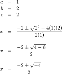 \begin{array}{rrl} a&=&1 \\ b&=&2 \\ c&=&2 \\ \\ x&=&\dfrac{-2\pm \sqrt{2^2-4(1)(2)}}{2(1)} \\ \\ x&=&\dfrac{-2\pm \sqrt{4-8}}{2} \\ \\ x&=&\dfrac{-2\pm \sqrt{-4}}{2} \end{array}