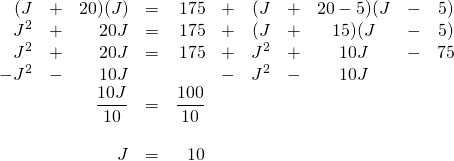 \[\begin{array}{rrrrrrrrcrr} (J&+&20)(J)&=&175&+&(J&+&20-5)(J&-&5) \\ J^2&+&20J&=&175&+&(J&+&15)(J&-&5) \\ J^2&+&20J&=&175&+&J^2&+&10J&-&75 \\ -J^2&-&10J&&&-&J^2&-&10J&& \\ \midrule &&\dfrac{10J}{10}&=&\dfrac{100}{10} &&&&&& \\ \\ &&J&=&10 &&&&&& \end{array}\]