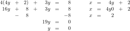\begin{array}{ll} \begin{array}{rrrrrrr} \\ \\ \\ \\ 4(4y&+&2)&+&3y&=&8 \\ 16y&+&8&+&3y&=&8 \\ &-&8&&&&-8 \\ \midrule &&&&19y&=&0 \\ &&&&y&=&0 \end{array} & \hspace{0.25in} \begin{array}{rrrrr} \\ \\ x&=&4y&+&2 \\ x&=&\cancel{4y}0&+&2 \\ x&=&2&& \end{array} \end{array}