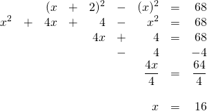 \[\begin{array}{rrrrrrrrr} &&(x&+&2)^2&-&(x)^2&=&68 \\ x^2&+&4x&+&4&-&x^2&=&68 \\ &&&&4x&+&4&=&68 \\ &&&&&-&4&&-4 \\ \midrule &&&&&&\dfrac{4x}{4}&=&\dfrac{64}{4} \\ \\ &&&&&&x&=&16 \end{array}\]