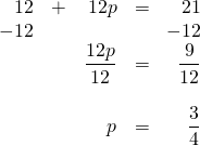 \begin{array}{rrrrr} 12&+&12p&=&\phantom{-}21 \\ -12&&&&-12 \\ \midrule &&\dfrac{12p}{12}&=&\dfrac{9}{12} \\ \\ &&p&=&\dfrac{3}{4} \end{array}