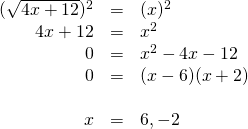 \begin{array}{rrl} \\ \\ \\ \\ \\ (\sqrt{4x+12})^2&=&(x)^2 \\ 4x+12&=&x^2 \\ 0&=&x^2-4x-12 \\ 0&=&(x-6)(x+2) \\ \\ x&=&6, \cancel{-2} \end{array}
