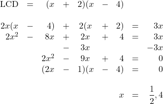 \begin{array}{rrrrcrrrr} \\ \\ \\ \\ \\ \\ \\ \\ \\ \text{LCD}&=&(x&+&2)(x&-&4)&& \\ \\ 2x(x&-&4)&+&2(x&+&2)&=&3x \\ 2x^2&-&8x&+&2x&+&4&=&3x \\ &&&-&3x&&&&-3x \\ \midrule &&2x^2&-&9x&+&4&=&0 \\ &&(2x&-&1)(x&-&4)&=&0 \\ \\ &&&&&&x&=&\dfrac{1}{2}, 4 \end{array}