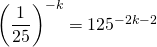 \left(\dfrac{1}{25}\right)^{-k}=125^{-2k-2}