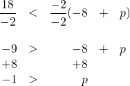 \begin{array}{rrrrl} \\ \\ \\ \\ \\ \dfrac{18}{-2}&<&\dfrac{-2}{-2}(-8&+&p) \\ \\ -9&>&-8&+&p \\ +8&&+8&& \\ \midrule -1&>&p&& \end{array}