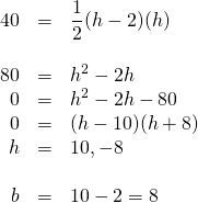 \begin{array}{rrl} \\ \\ \\ \\ \\ \\ \\ 40&=&\dfrac{1}{2}(h-2)(h) \\ \\ 80&=&h^2-2h \\ 0&=&h^2-2h-80 \\ 0&=&(h-10)(h+8) \\ h&=&10, \cancel{-8} \\ \\ b&=&10-2=8 \end{array}