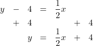 \begin{array}{rrrrrrr} y&-&4&=&\dfrac{1}{2}x&& \\ &+&4&&&+&4 \\ \midrule &&y&=&\dfrac{1}{2}x&+&4 \end{array}