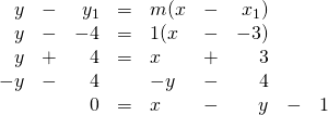 \begin{array}{rrrrlrrrr} y&-&y_1&=&m(x&-&x_1)&& \\ y&-&-4&=&1(x&-&-3)&& \\ y&+&4&=&x&+&3&& \\ -y&-&4&&-y&-&4&& \\ \midrule &&0&=&x&-&y&-&1 \end{array}