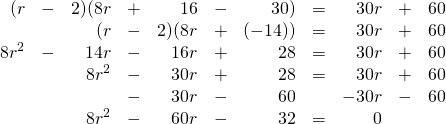 \[\begin{array}{rrrrrrrrrrr} (r&-&2)(8r&+&16&-&30)&=&30r&+&60 \\ &&(r&-&2)(8r&+&(-14))&=&30r&+&60 \\ 8r^2&-&14r&-&16r&+&28&=&30r&+&60 \\ &&8r^2&-&30r&+&28&=&30r&+&60 \\ &&&-&30r&-&60&&-30r&-&60 \\ \midrule &&8r^2&-&60r&-&32&=&0&& \end{array}\]