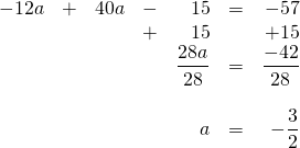 \begin{array}{rrrrrrr} -12a&+&40a&-&15&=&-57 \\ &&&+&15&&+15 \\ \midrule &&&&\dfrac{28a}{28}&=&\dfrac{-42}{28} \\ \\ &&&&a&=&-\dfrac{3}{2} \end{array}