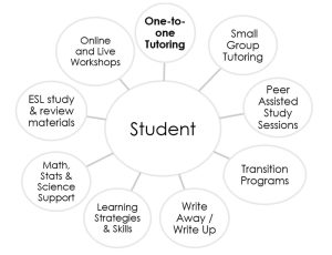 Services that Support students: One-to-one tutoring, small group tutoring, peer assisted study sessions, transition programs, study & learning skills, writing support, math support, ESL study & review materials, Online & Live Workshops