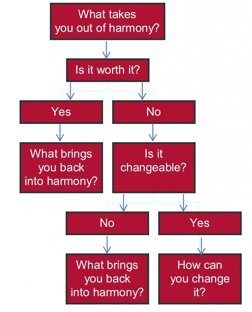 Flow chart: what takes you out of harmony? Is it worth it? (Yes/No) Is it changeable? What brings you back into harmony?