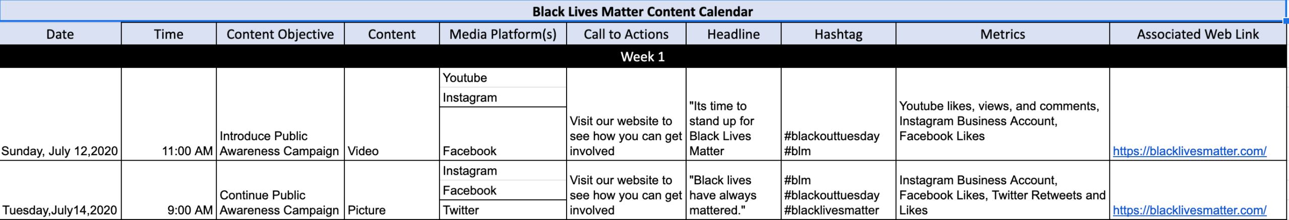Excel grid example of a content calendar for Black Lives Matter.
