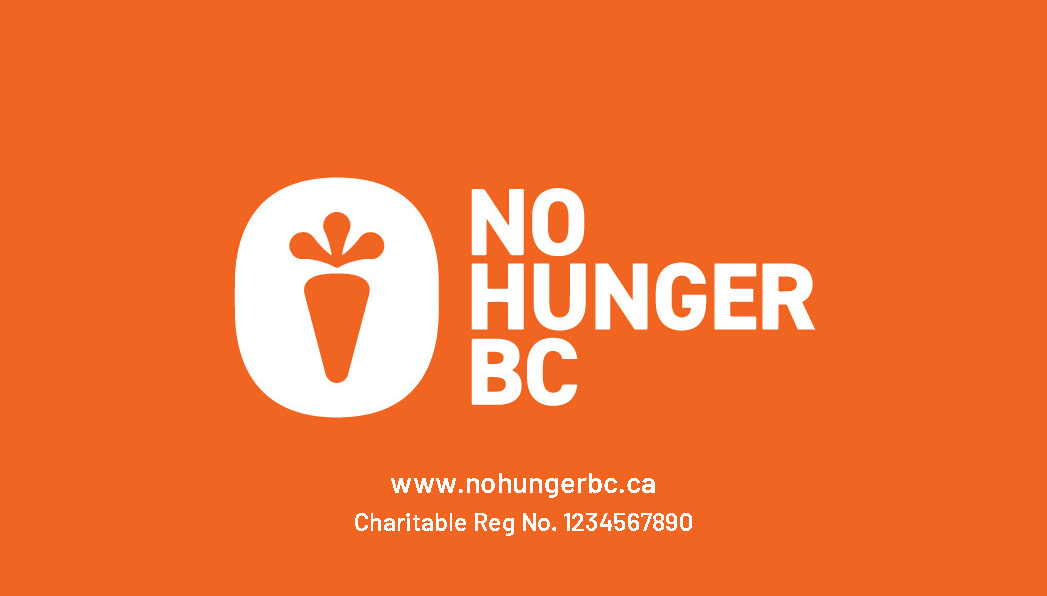 The front of a business card. It is orange with white text. It says "No Hunger BC" in big letters in the centre with the logo. At the bottom is the website.