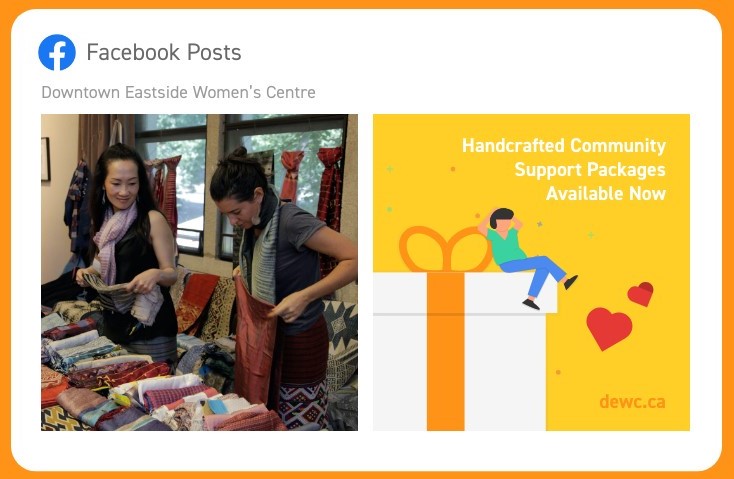 Two Facebook posts. Once is a picture of two women folding clothes. The other is a bright yellow info graphic that reads "Handcrafted community support packages available now."