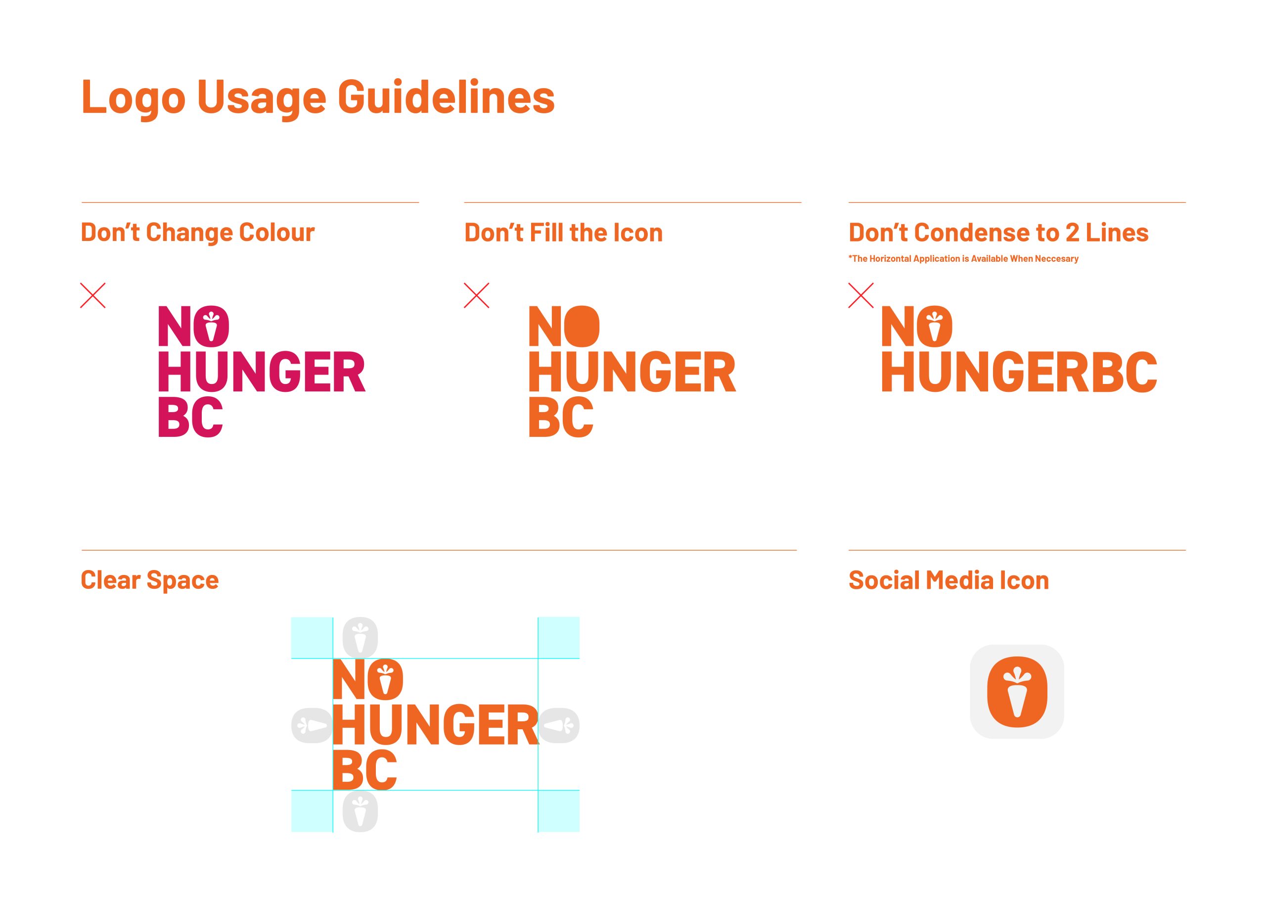 Logo usage guidelines for No Hunger BC. Described in following text.
