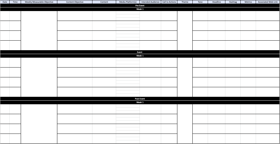 A spreadsheet that is set up as a content calendar. The parts of the content calendar are listed below.