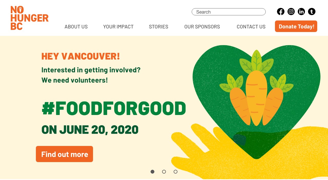 The home page for NoHungerBC. It has a top menu and a banner with an call for volunteers.