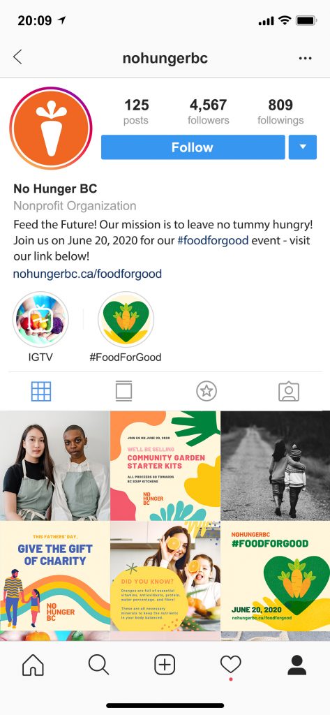 A screenshot if the Instagram page for No Hunger NC. There is a mix of info graphics and photographs.