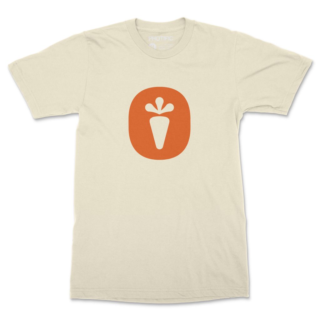 A white t-shirt with an orange carrot logo.