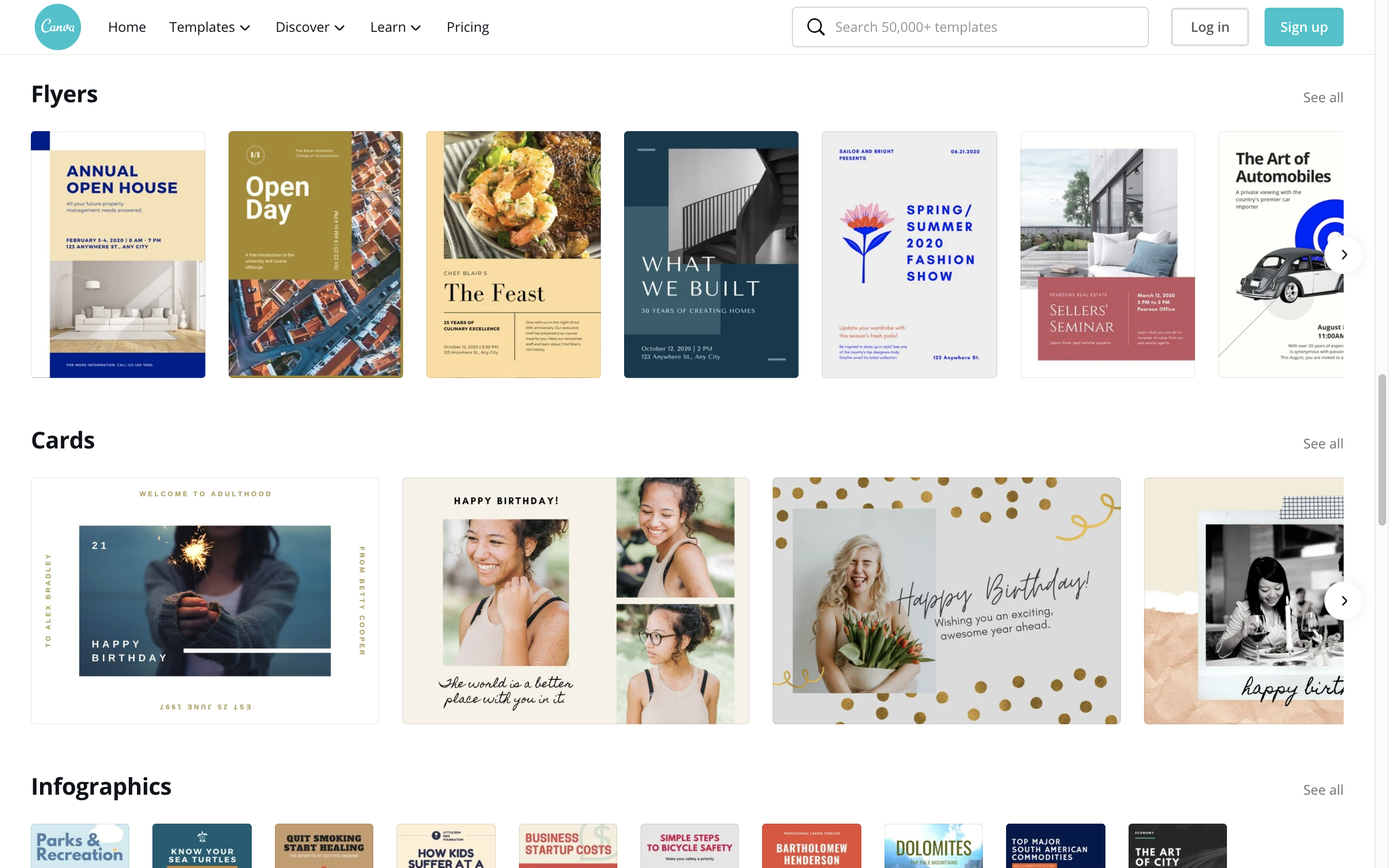 The website homepage for Canva showing a collection of different templates.