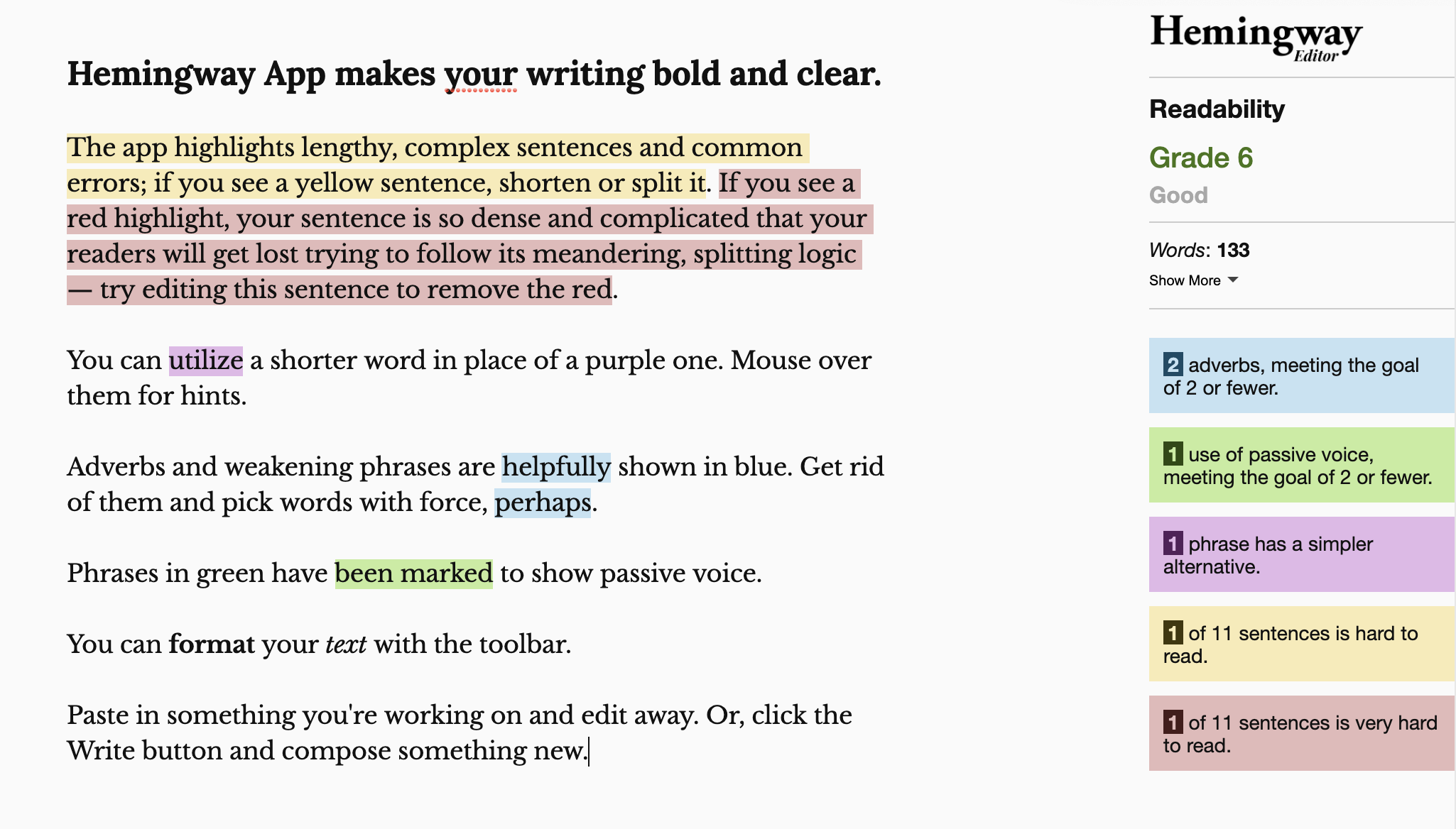 Screencap of Hemingway Editor's Features. Parts of a paragraph are highlighted to show adverbs, passive voice, and difficult wording.