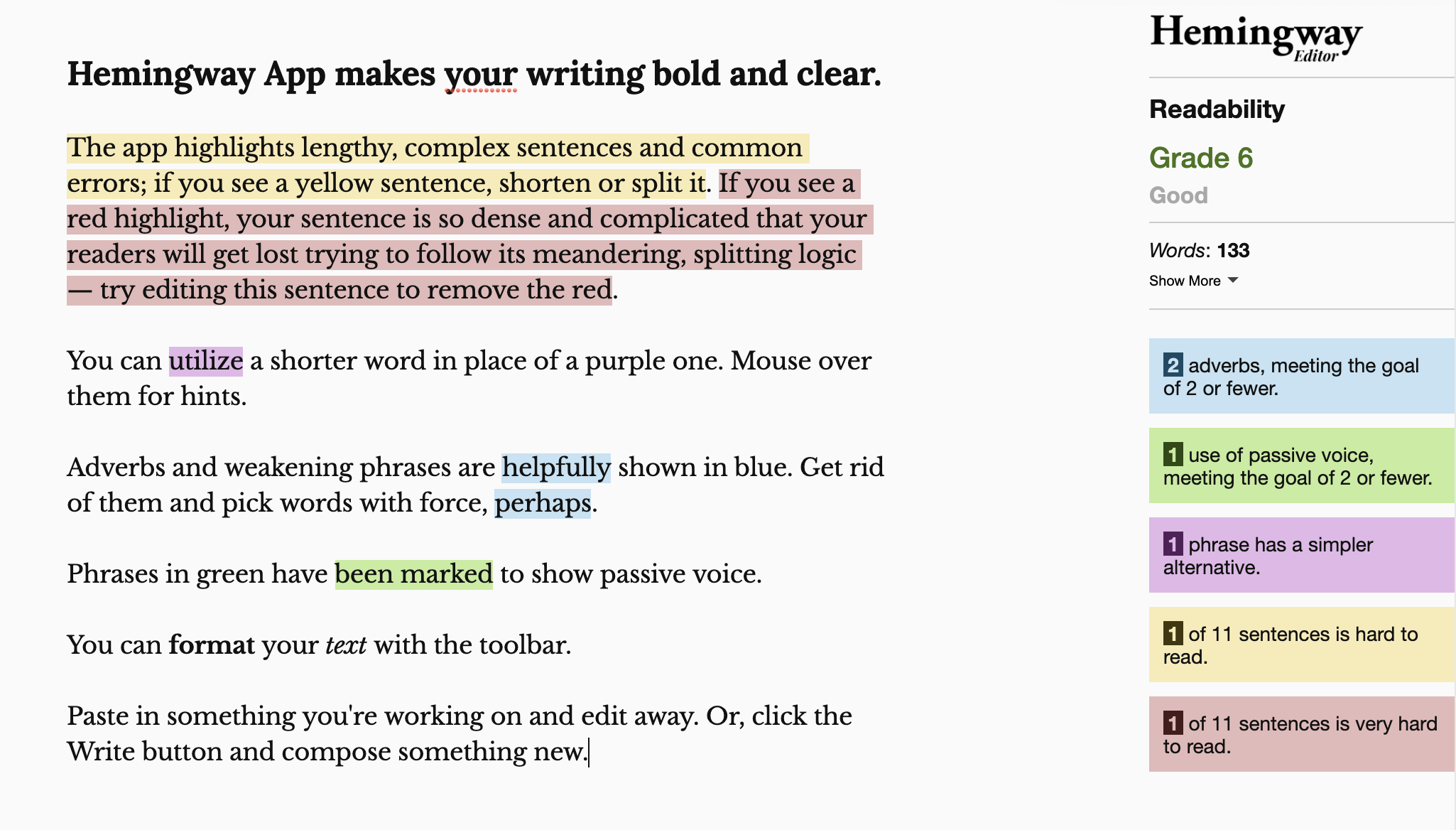 Screencap of Hemingway Editor&#039;s Features. Parts of a paragraph are highlighted to show adverbs, passive voice, and difficult wording.