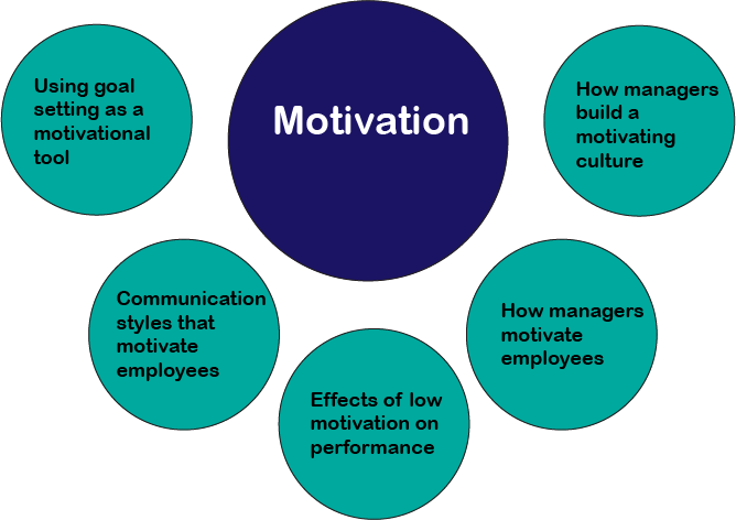 Motivation: • Effects of low motivation on performance • How to build a motivating culture • How managers motivate employees • Communication styles that motivate employees • Using goal setting as a motivational tool