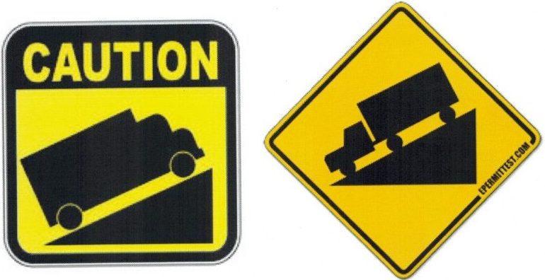 Caution signs for steep upward and downward slopes.