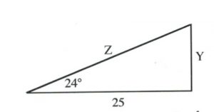 Right triangle with Ø = 24 degrees and adj = 25, find opp and hyp