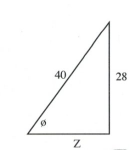 Right triangle with opp = 28 and hyp = 40 find Ø and adj