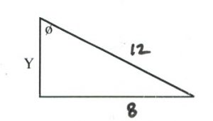 Right triangle with opp = 8 and hyp = 12, find Ø and adj