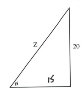 Right triangle with opp = 20 and adj = 15, find Ø and hyp
