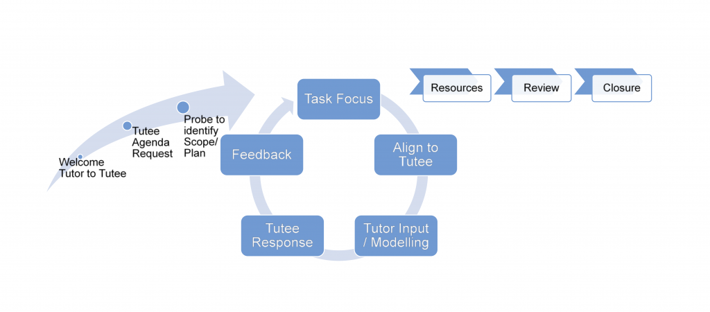 1. Welcome tutor to tutee; 2. Tutee agenda request; 3. Probe to identify scope/plan 4. Cycle (Take Focus, Align to Tutee, Tutor Input/Modelling, Tutee Response, Feedback); 5. Resources; 6. Review; 7. Closure