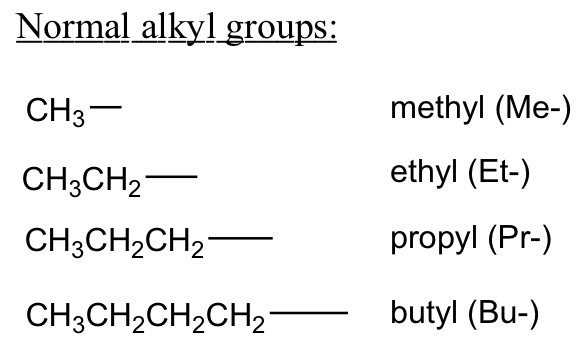 CH3 (methyl, Me), CH3CH2 (ethyl, Et), CH3CH2CH2 (Proply, Pr), & CH3CH2CH2CH2 (butyl, Bu)