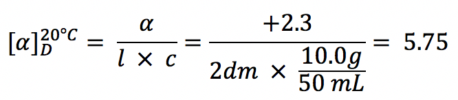 (+2.3)/(2dm X 10.0g/50ml) = 5.75
