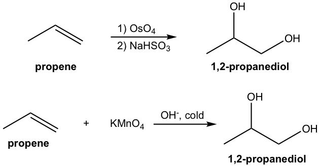 propene in the presence of Osmium tetroxide & NaHSO3 produces 1,2-propanediol.